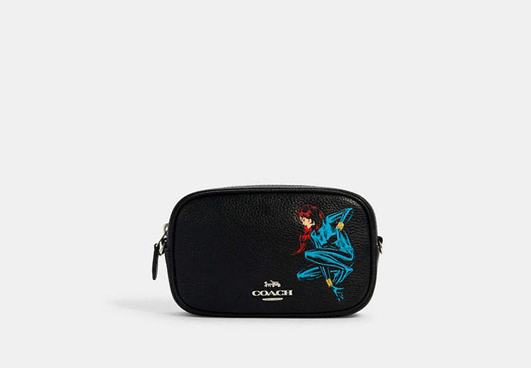 COACH®,COACH │ MARVEL CONVERTIBLE BELT BAG WITH BLACK WIDOW,Silver/Black Multi,Front View