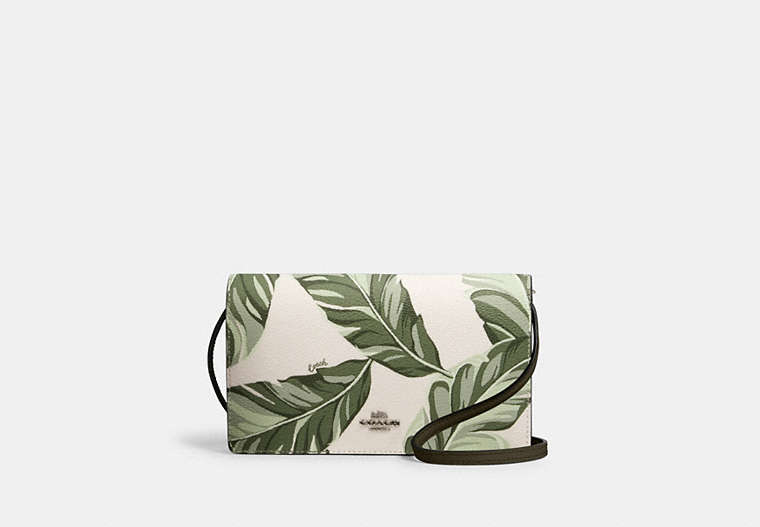 COACH®,ANNA FOLDOVER CROSSBODY CLUTCH WITH BANANA LEAVES PRINT,Silver/Cargo Green Chalk Multi,Front View