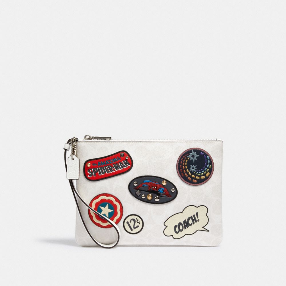 COACH®,Coach │ Marvel Gallery Pouch In Signature Canvas With Patches,,Front View