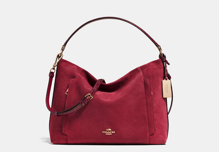 COACH®,SCOUT HOBO IN MIXED MATERIALS SUEDE,Leather,Medium,Light Gold/Black Cherry,Front View