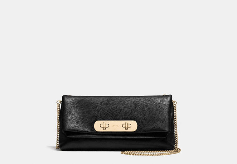 COACH®,COACH SWAGGER CLUTCH IN PEBBLE LEATHER,Leather,Light Gold/Black,Front View