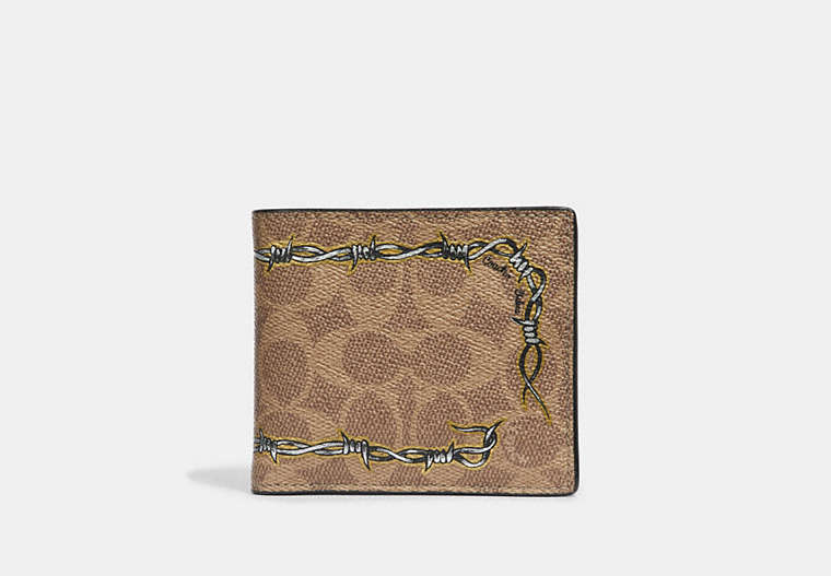 COACH®,DOUBLE BILLFOLD WALLET IN SIGNATURE CANVAS WITH TATTOO,Leather,KHAKI,Front View