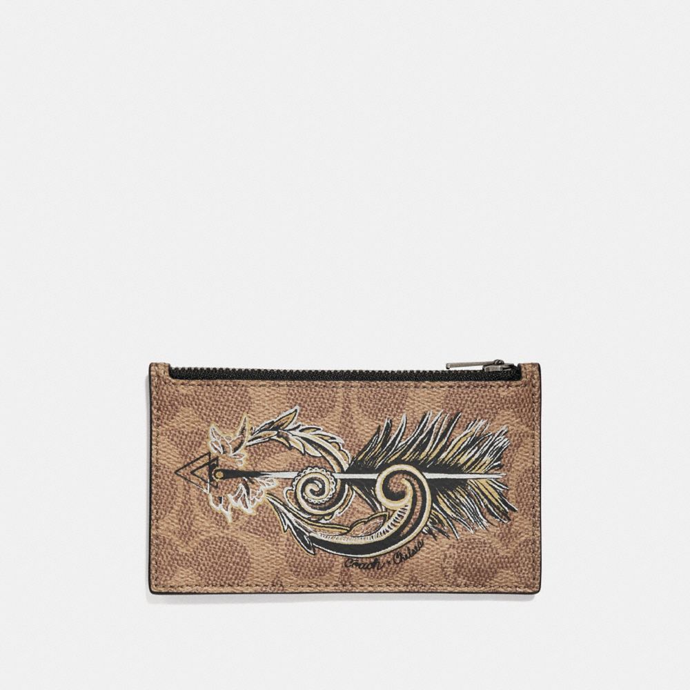 COACH®,ZIP CARD CASE IN SIGNATURE CANVAS WITH TATTOO,Leather,KHAKI,Front View