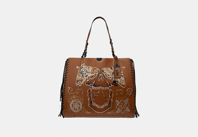 COACH®,DREAMER TOTE 52 WITH TATTOO,Leather,Matte Black/Saddle,Front View