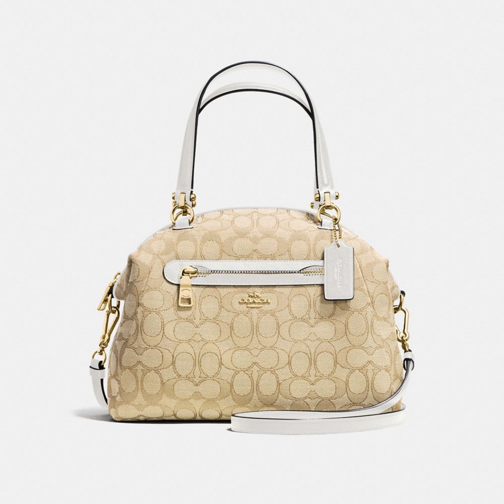 COACH®,PRAIRIE SATCHEL IN SIGNATURE JACQUARD,cotton,Medium,Light Gold/Light Khaki/Chalk,Front View image number 0