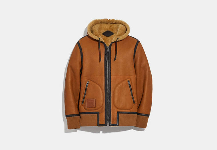 COACH®,REVERSIBLE SHEARLING HOODIE,Leather,Caramel Toffee,Front View