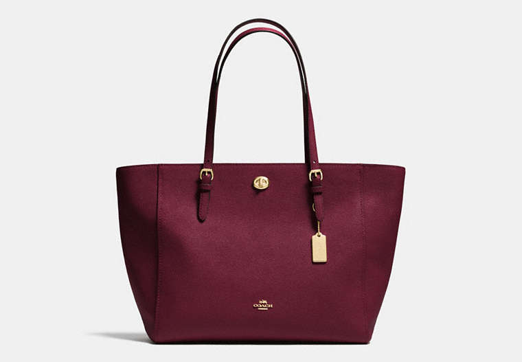 COACH®,TURNLOCK TOTE IN CROSSGRAIN LEATHER,Leather,Large,Light Gold/Burgundy,Front View