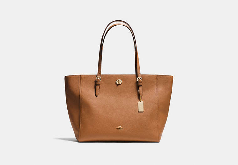 COACH®,TURNLOCK TOTE IN CROSSGRAIN LEATHER,Leather,Large,Light Gold/Saddle,Front View