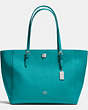 COACH®,TURNLOCK TOTE IN CROSSGRAIN LEATHER,Leather,Large,Silver/TURQUOISE,Front View