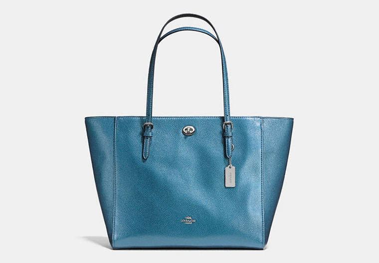 COACH®,TURNLOCK TOTE IN METALLIC PEBBLE LEATHER,Leather,Large,Silver/Metallic Blue,Front View