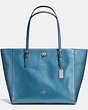COACH®,TURNLOCK TOTE IN METALLIC PEBBLE LEATHER,Leather,Large,Silver/Metallic Blue,Front View