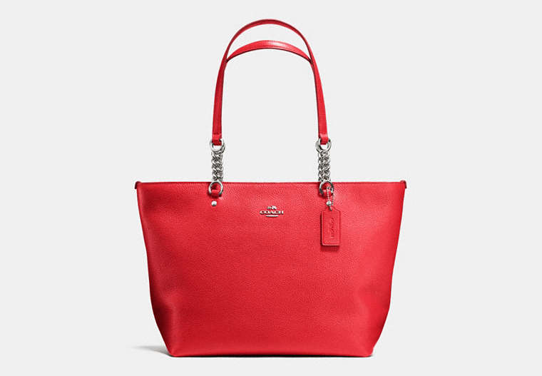 COACH®,SOPHIA TOTE,Leather,Silver/True Red,Front View
