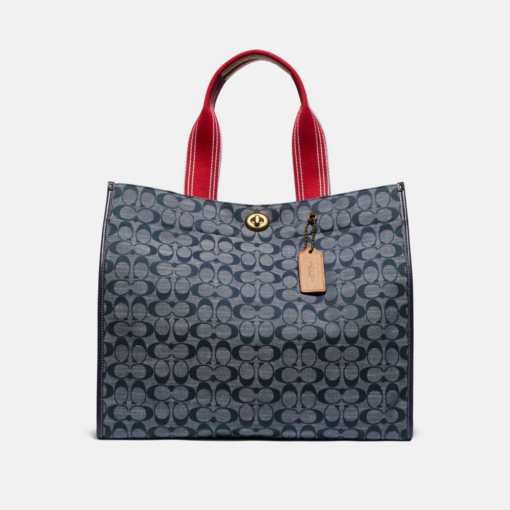 COACH®,TOTE 40 IN SIGNATURE CHAMBRAY,Leather,Large,Brass/Chambray Midnight Navy Mlti,Front View