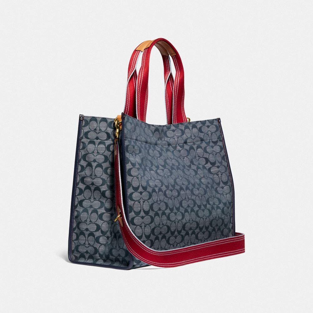COACH®,TOTE 40 IN SIGNATURE CHAMBRAY,Leather,Large,Brass/Chambray Midnight Navy Mlti,Angle View