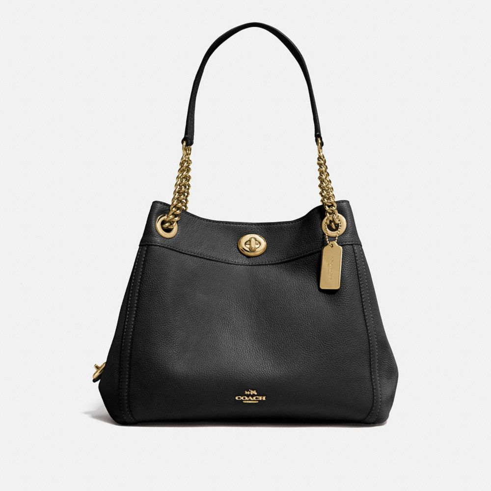 COACH®,TURNLOCK EDIE SHOULDER BAG,Leather,Large,Light Gold/Black,Front View