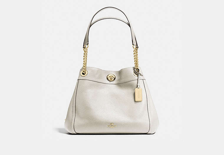 COACH®,TURNLOCK EDIE SHOULDER BAG,Leather,Chalk/Light Gold,Front View image number 0