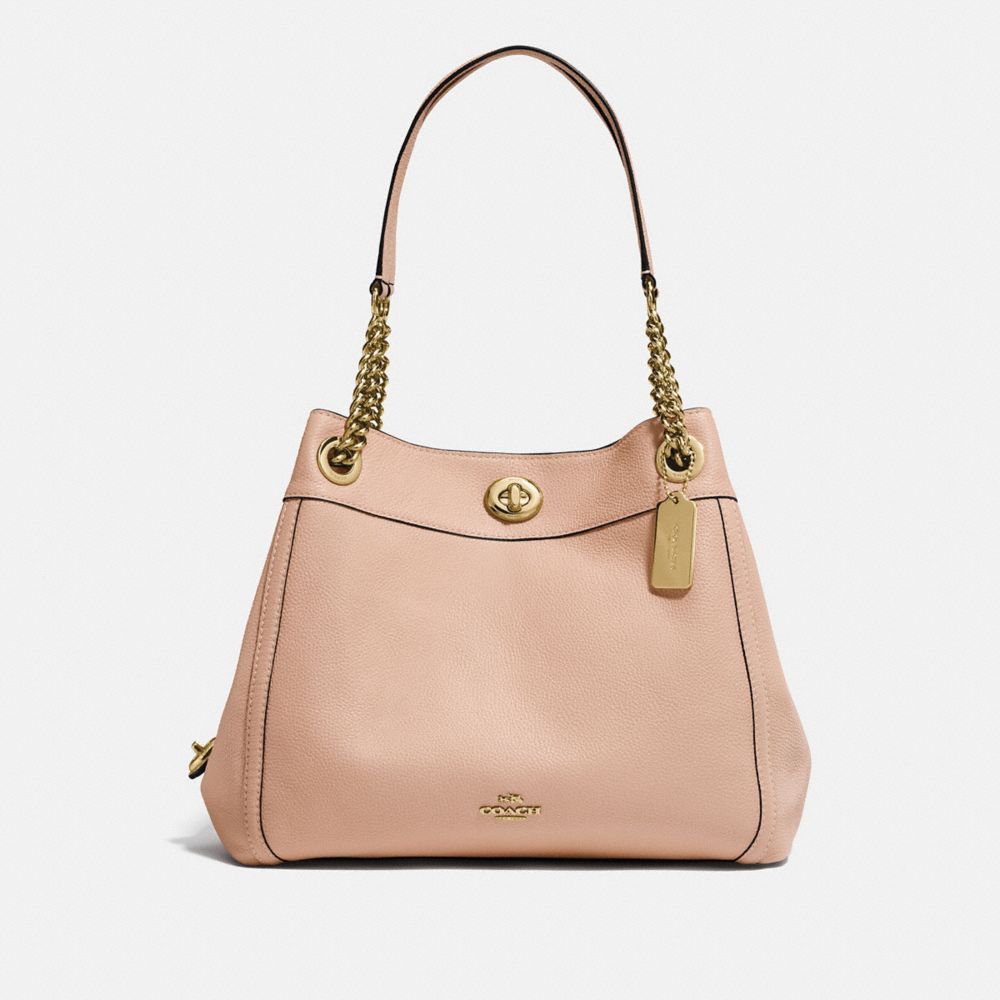 COACH®,TURNLOCK EDIE SHOULDER BAG,Leather,Large,Light Gold/Beechwood,Front View