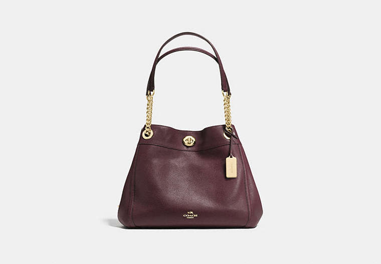 COACH®,TURNLOCK EDIE SHOULDER BAG,Leather,Large,Light Gold/Oxblood,Front View