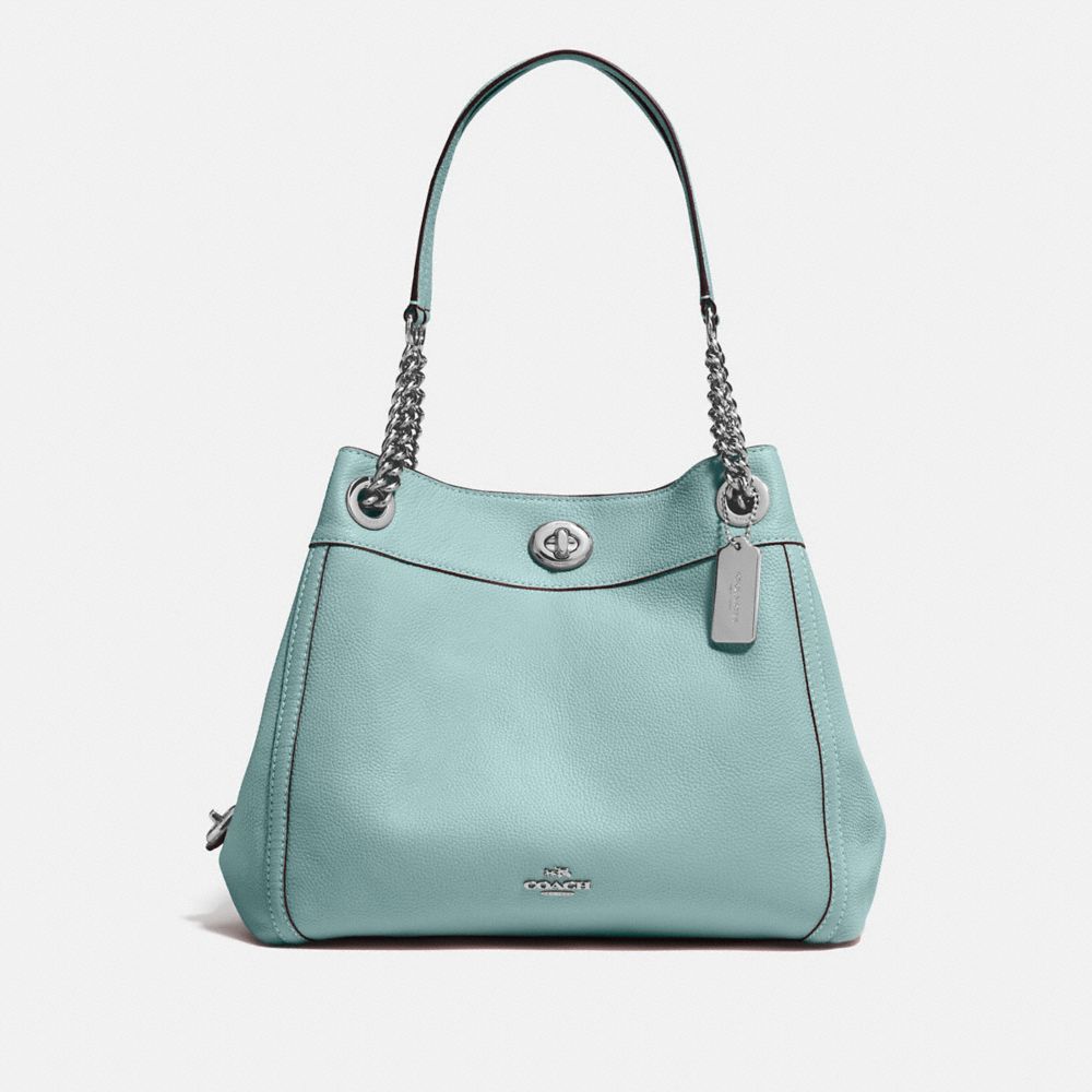 COACH®,TURNLOCK EDIE SHOULDER BAG,Leather,Large,Silver/Sage,Front View