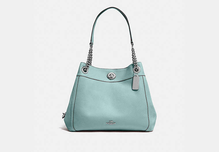 COACH®,TURNLOCK EDIE SHOULDER BAG,Leather,Large,Silver/Sage,Front View