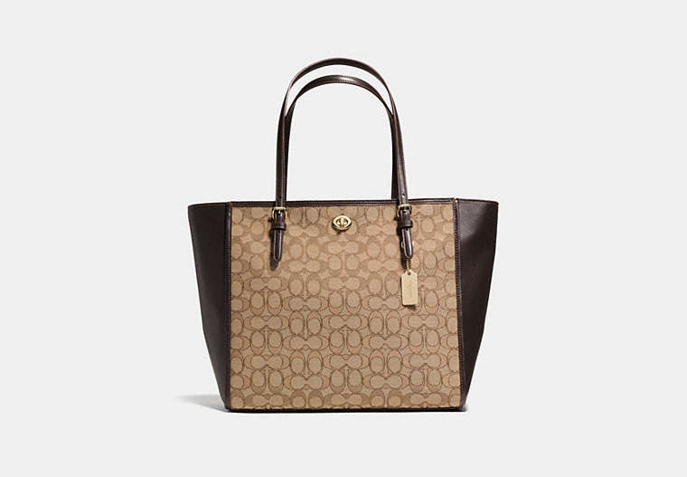 COACH®,TURNLOCK TOTE IN SIGNATURE JACQUARD,cotton,Large,Khaki/Brown/Light Gold,Front View