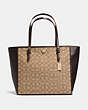 COACH®,TURNLOCK TOTE IN SIGNATURE JACQUARD,cotton,Large,Khaki/Brown/Light Gold,Front View