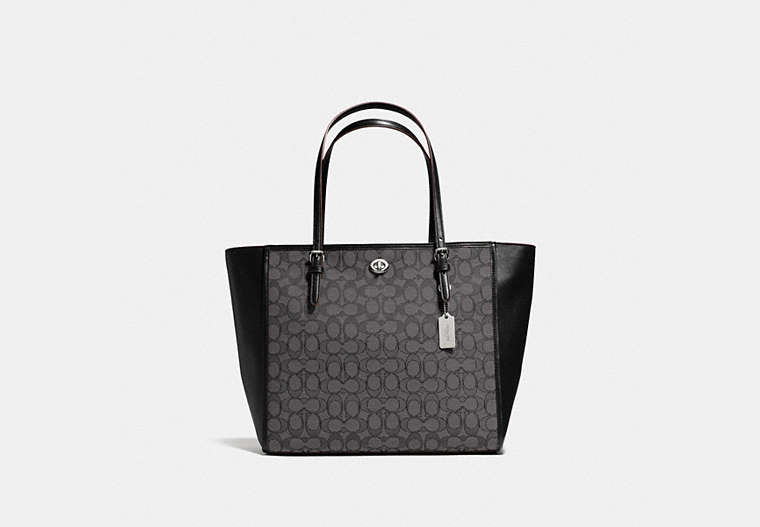 COACH®,TURNLOCK TOTE IN SIGNATURE JACQUARD,cotton,Large,Silver/Black Smoke,Front View