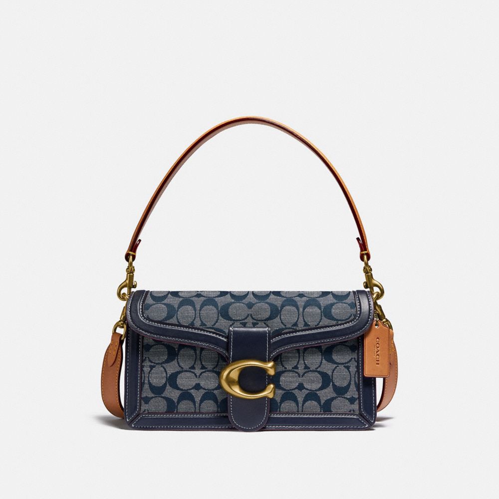 COACH®,TABBY SHOULDER BAG 26 IN SIGNATURE CHAMBRAY,Leather,Medium,Brass/Chambray Midnight Navy Mlti,Front View