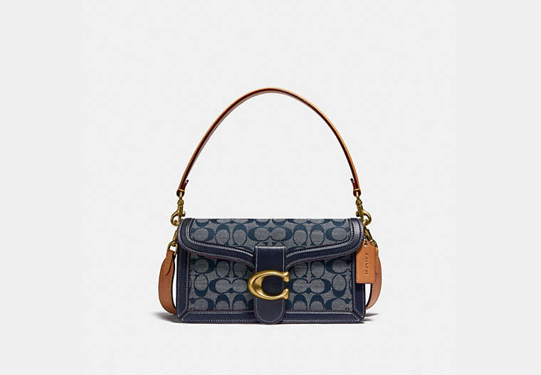 COACH®,TABBY SHOULDER BAG 26 IN SIGNATURE CHAMBRAY,Leather,Medium,Brass/Chambray Midnight Navy Mlti,Front View