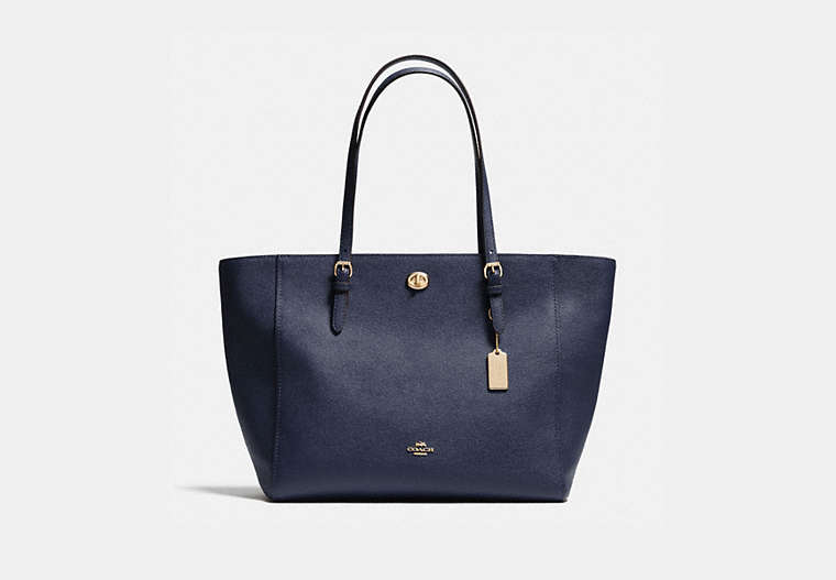 COACH®,TURNLOCK TOTE,Leather,Large,Light Gold/Navy,Front View