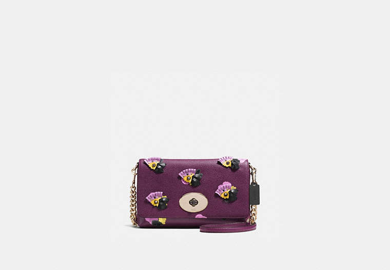 COACH®,CROSSTOWN CROSSBODY IN FLORAL APPLIQUE LEATHER,Pebble Leather,Small,Plum/Field Flora/Light Gold,Front View