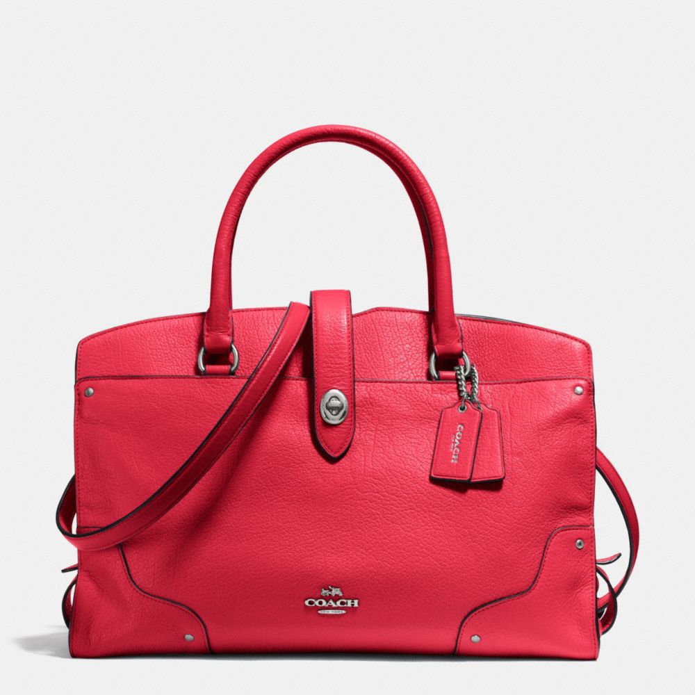 COACH®,MERCER SATCHEL,Leather,Large,Silver/True Red,Front View
