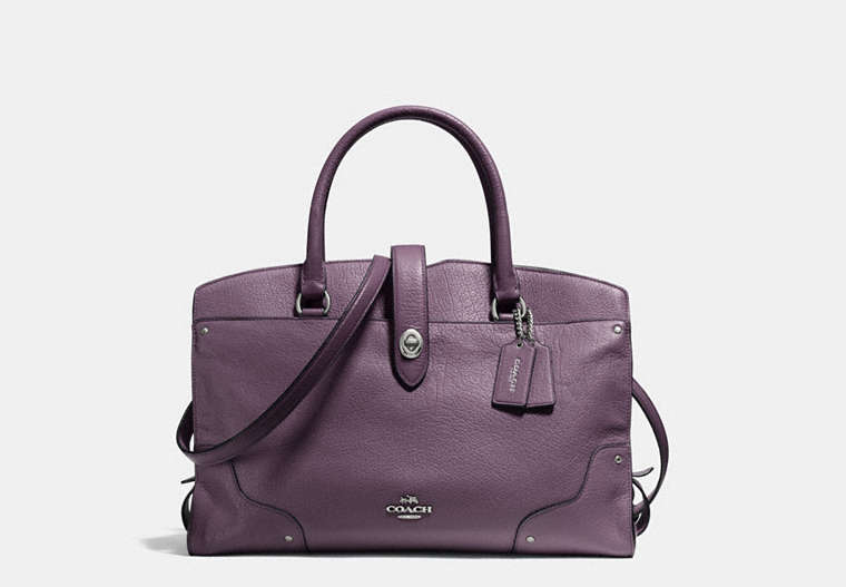 COACH®,MERCER SATCHEL,Leather,Large,Silver/EGGPLANT,Front View