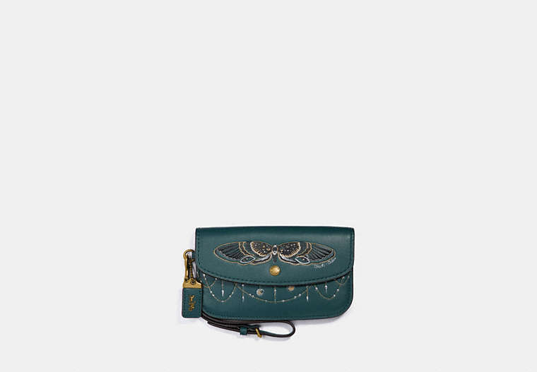 COACH®,CLUTCH WITH TATTOO,Leather,Brass/Evergreen,Front View