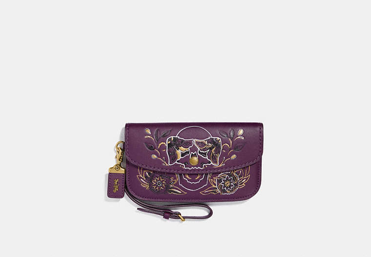 COACH®,CLUTCH WITH TATTOO,Leather,Brass/Plum,Front View