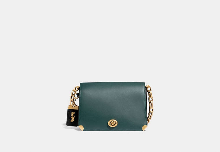 COACH®,DINKY 19 IN COLORBLOCK,Leather,Small,Brass/Evergreen,Front View