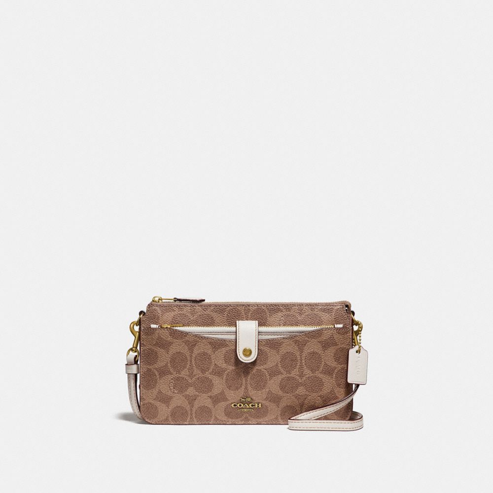 COACH®,NOA POP-UP MESSENGER IN COLORBLOCK SIGNATURE CANVAS,pvc,Mini,Brass/Tan/Chalk,Front View