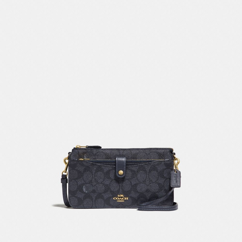 COACH®,NOA POP-UP MESSENGER EN TOILE COLORBLOCK SIGNATURE,PVC,Charbon/Bleu nuit/Doré clair,Front View
