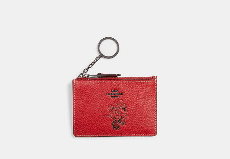 COACH®,BOXED MINNIE MOUSE MINI SKINNY ID CASE,Leather,1941 Red/Dark Gunmetal,Front View