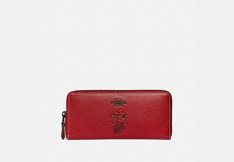 COACH®,BOXED MINNIE MOUSE SLIM ACCORDION ZIP WALLET WITH MOTIF,Leather,1941 Red/Dark Gunmetal,Front View