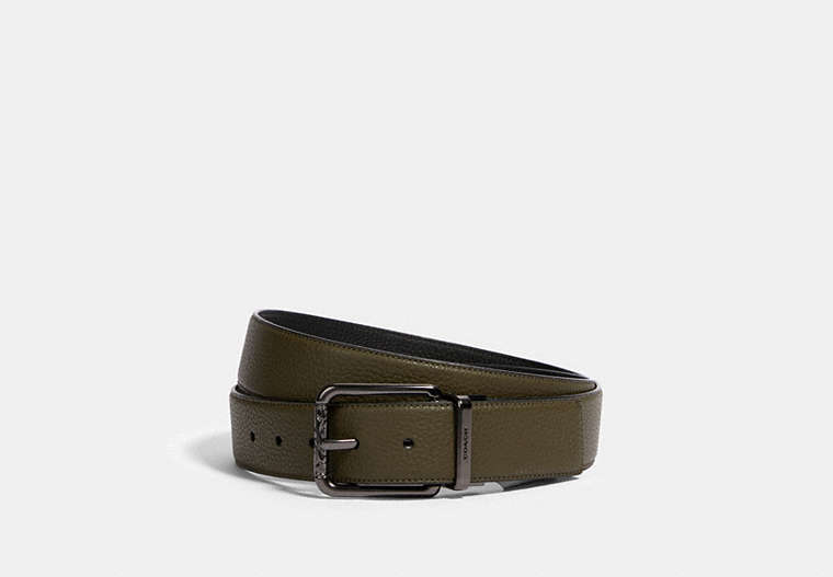 COACH®,HARNESS BUCKLE CUT-TO-SIZE REVERSIBLE BELT, 38MM,Gunmetal/Utility Green Black,Front View