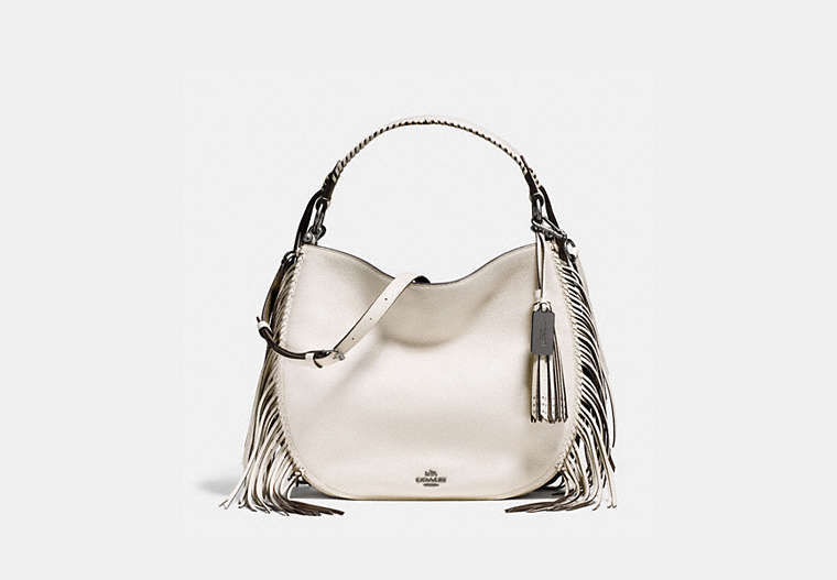 COACH®,COACH NOMAD FRINGE HOBO IN PEBBLE LEATHER,Pebble Leather,Large,Chalk/Dark Gunmetal,Front View
