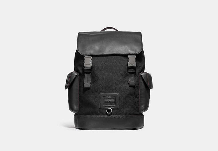 COACH®,RIVINGTON BACKPACK IN SIGNATURE JACQUARD,Mixed Material,X-Large,Black Copper/Black,Front View