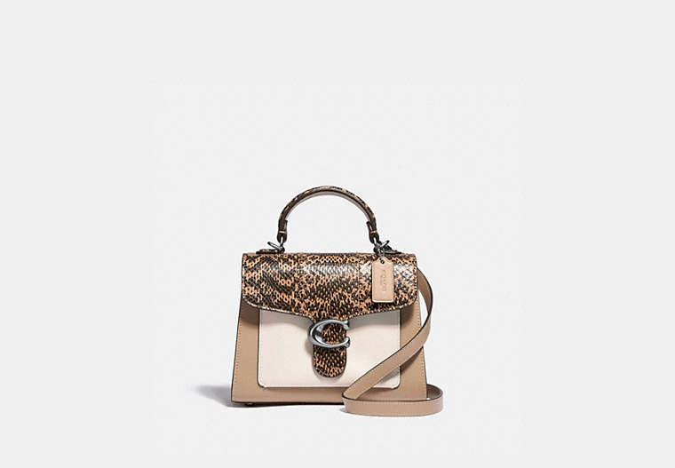 COACH®,TABBY TOP HANDLE 20 IN COLORBLOCK WITH SNAKESKIN DETAIL,Smooth Leather/Suede/Exotic,Small,Light Antique Nickel/Taupe Multi,Front View