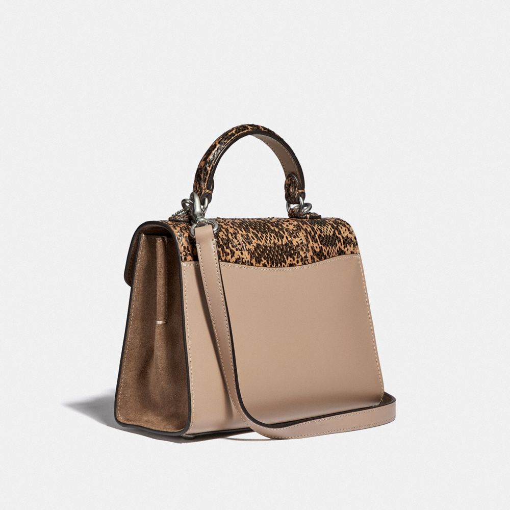 COACH®,TABBY TOP HANDLE 20 IN COLORBLOCK WITH SNAKESKIN DETAIL,Smooth Leather/Suede/Exotic,Small,Light Antique Nickel/Taupe Multi,Angle View