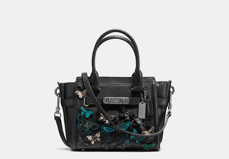 COACH®,BUTTERFLY APPLIQUE COACH SWAGGER 21 IN GLOVETANNED LEATHER,Leather,Small,Gunmetal/Black Multi,Front View