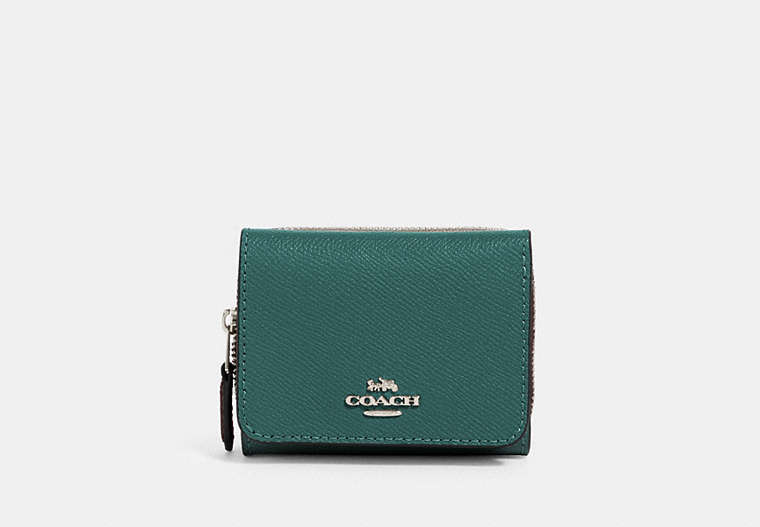COACH®,SMALL TRIFOLD WALLET,Mini,Silver/Dark Turquoise,Front View