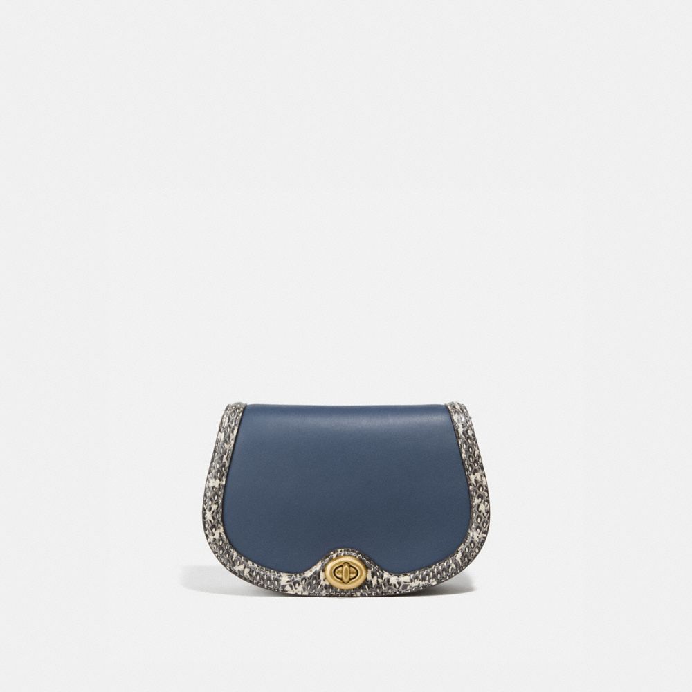 COACH®,SADDLE BELT BAG IN COLORBLOCK WITH SNAKESKIN DETAIL,Leather,Mini,Brass/Dark Denim Multi,Front View