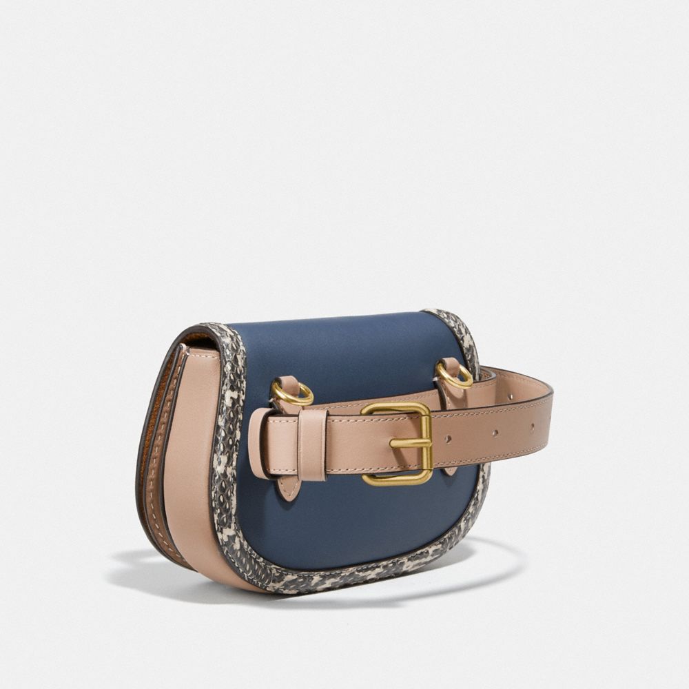 COACH®,SADDLE BELT BAG IN COLORBLOCK WITH SNAKESKIN DETAIL,Leather,Mini,Brass/Dark Denim Multi,Angle View