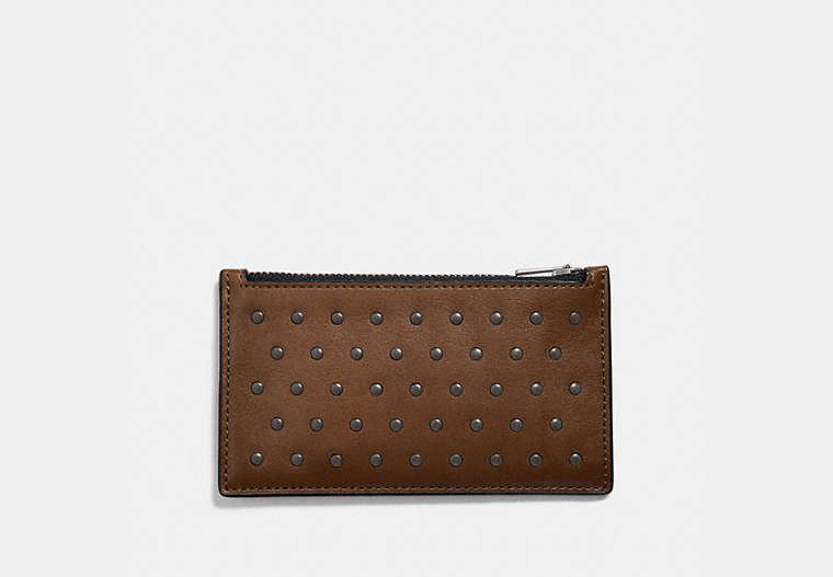 COACH®,ZIP CARD CASE WITH RIVETS,Leather,Saddle,Front View
